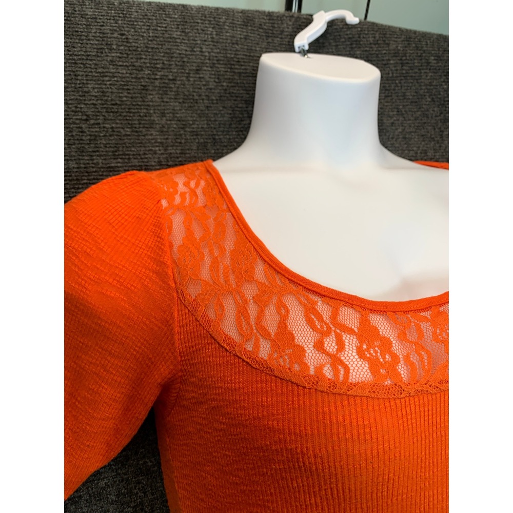 Derek Heart Lace Trim Ribbed Bodycon Top L Orange Y2K Scoop Neck Indie Romantic